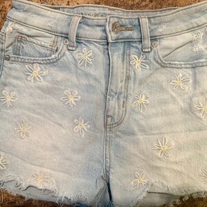 American Eagle Light Blue Denim Shorts with Daisy Embroidery